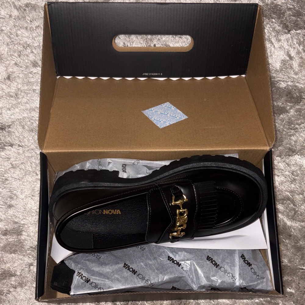 Fashion Nova Black Loafers with Gold Detail